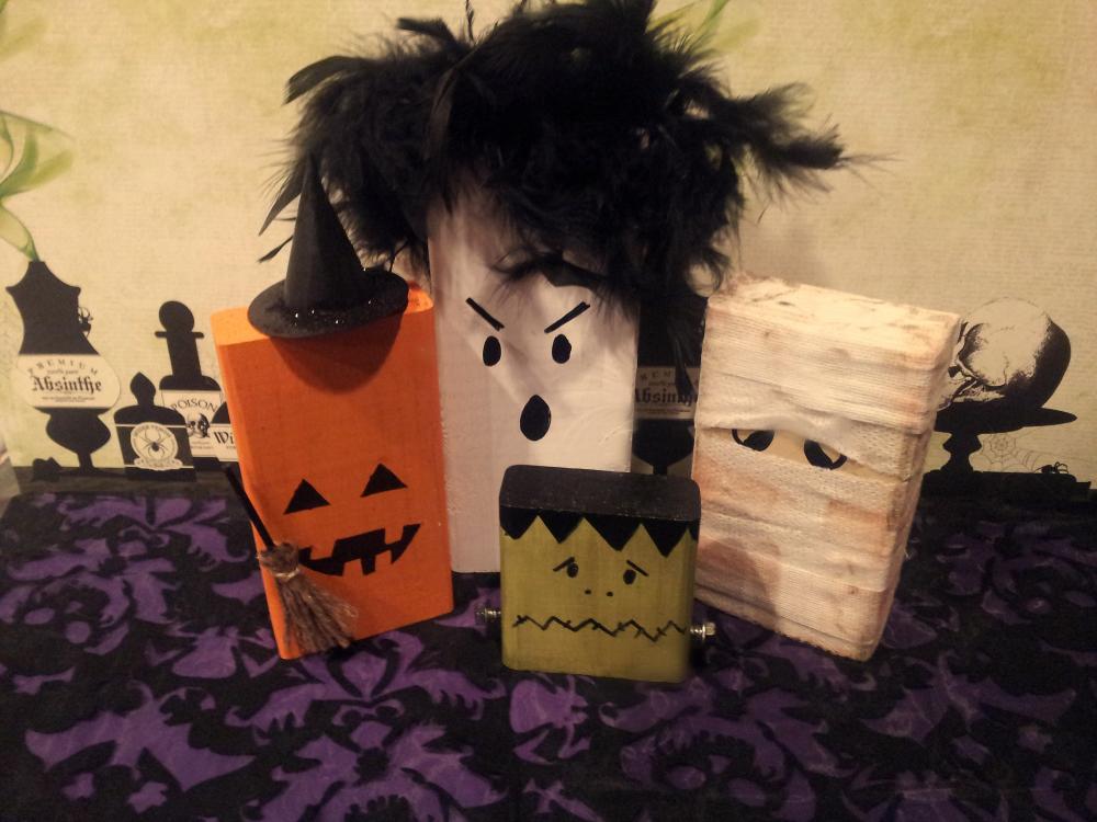Halloween Decor Frankie And Friends Wooden 2x4 Blocks.